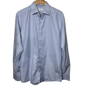 Eton Dress Shirt Men 44 17.5 Button Up Slim Fit Long Sleeve Blue Lux Preppy FLAW